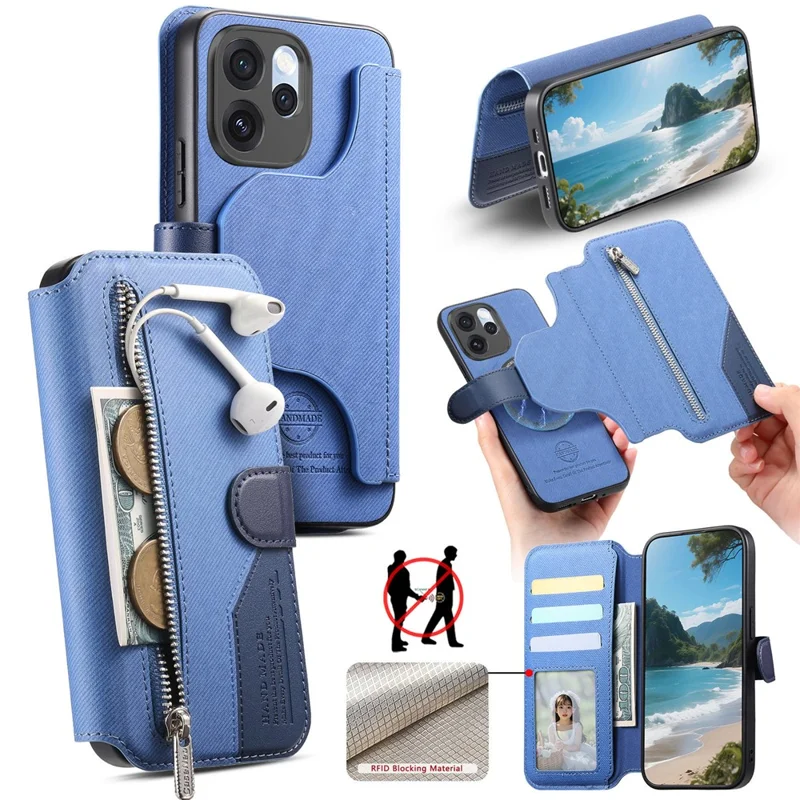 For Oppo Reno15 F 5G Magnetic Case RFID Blocking Detachable Wallet Stand Cloth Texture Leather Phone Cover - Blue