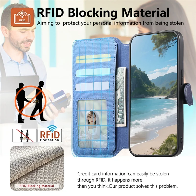 For Honor 500 5G Magnetic Case RFID Blocking Detachable Wallet Stand Cloth Texture Leather Phone Cover - Blue