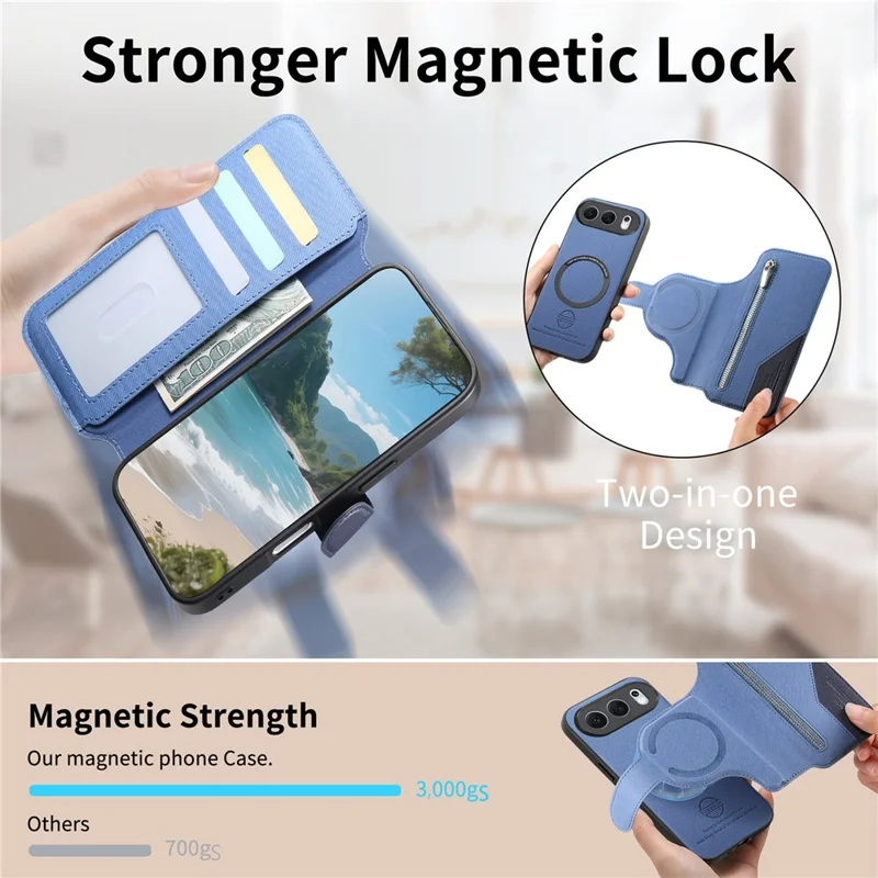 For Honor 500 5G Magnetic Case RFID Blocking Detachable Wallet Stand Cloth Texture Leather Phone Cover - Blue