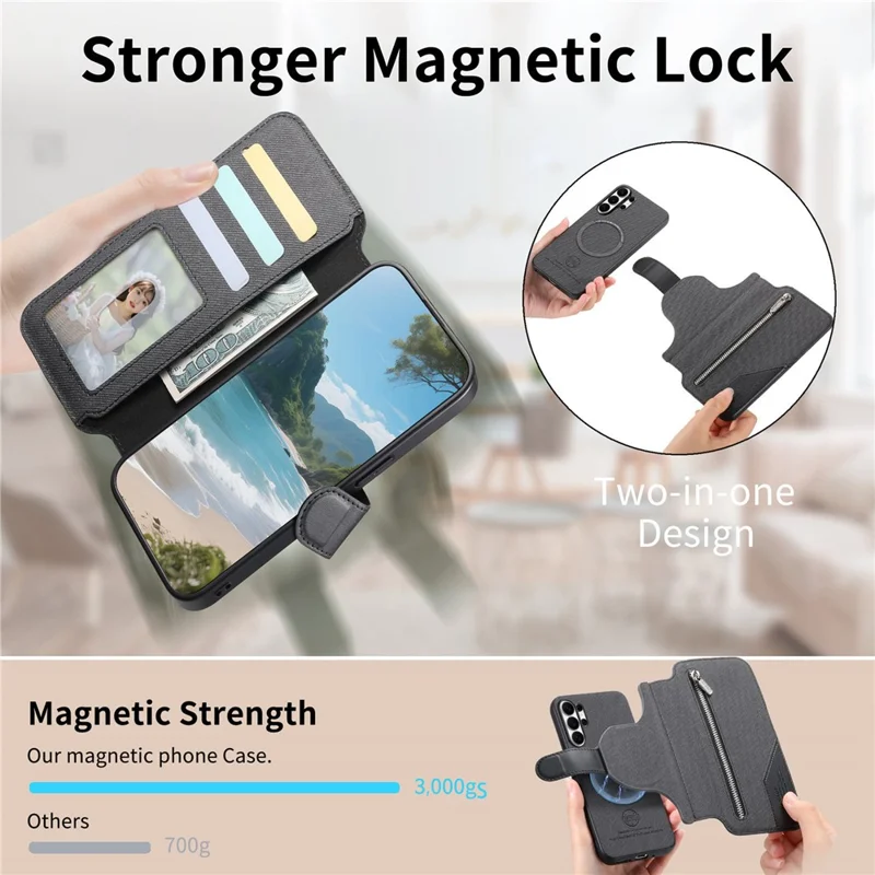 För Samsung Galaxy S25 Ultra Magnetisk Skal med RFID-blockering, Avtagbar Ficka, Ställfunktion, Tygstrukturad Läderskyddshölse - Svart