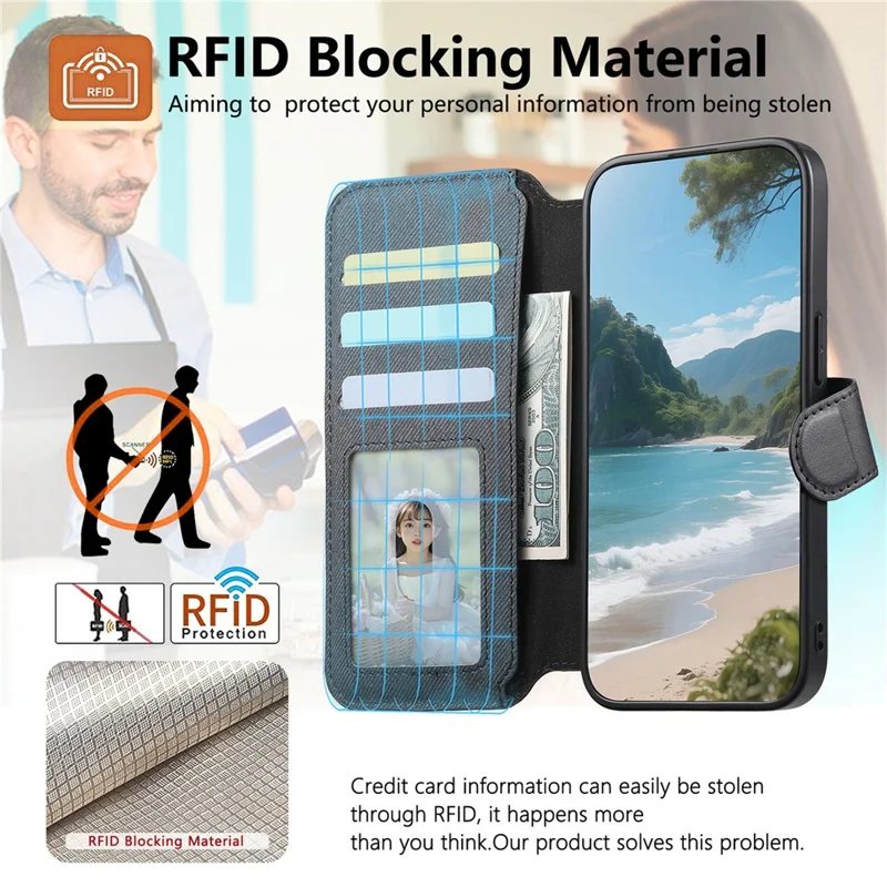 For Xiaomi Poco X8 Pro Max 5G Magnetic Case RFID Blocking Detachable Wallet Stand Cloth Texture Leather Phone Cover - Black