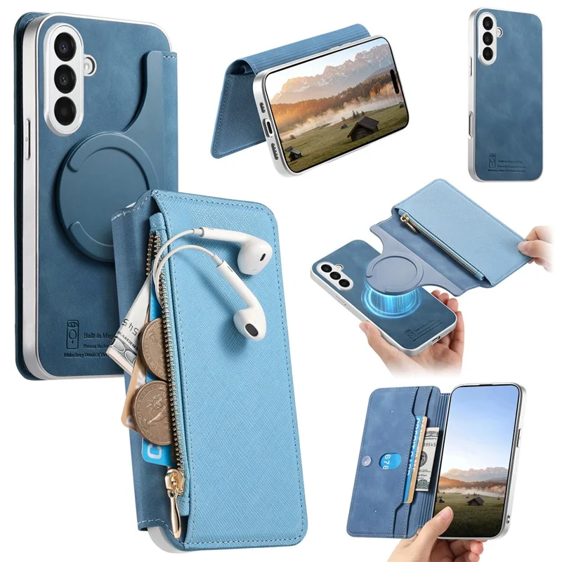 For Samsung Galaxy A37 5G Leather Case Cross Texture Detachable Magnetic Phone Cover Wallet Stand - Blue