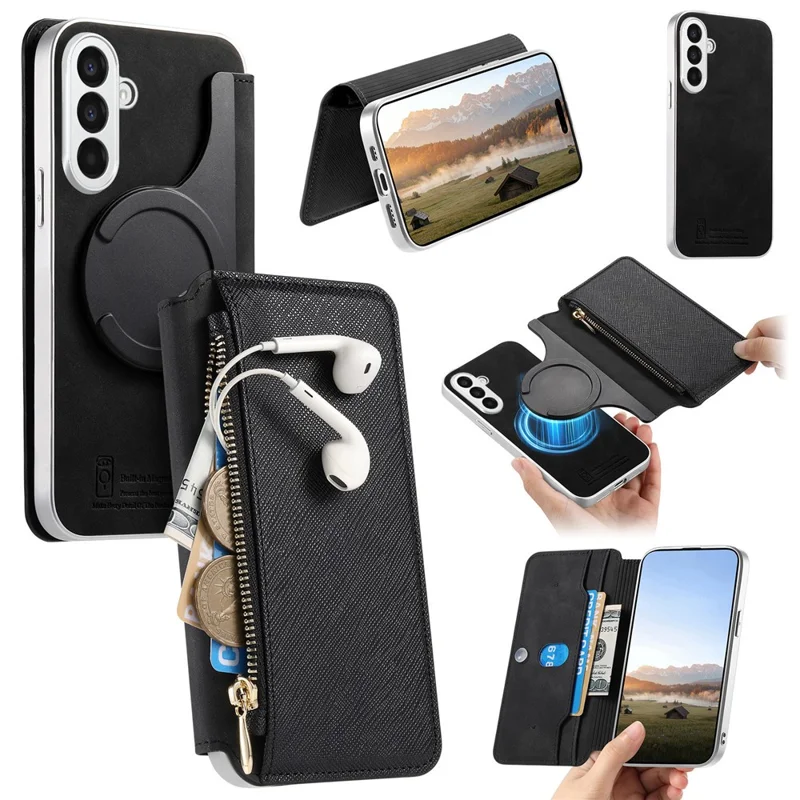 For Samsung Galaxy A27 Leather Case Cross Texture Detachable Magnetic Phone Cover Wallet Stand - Black