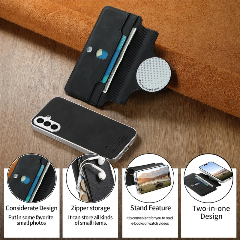 For Samsung Galaxy A27 Leather Case Cross Texture Detachable Magnetic Phone Cover Wallet Stand - Black