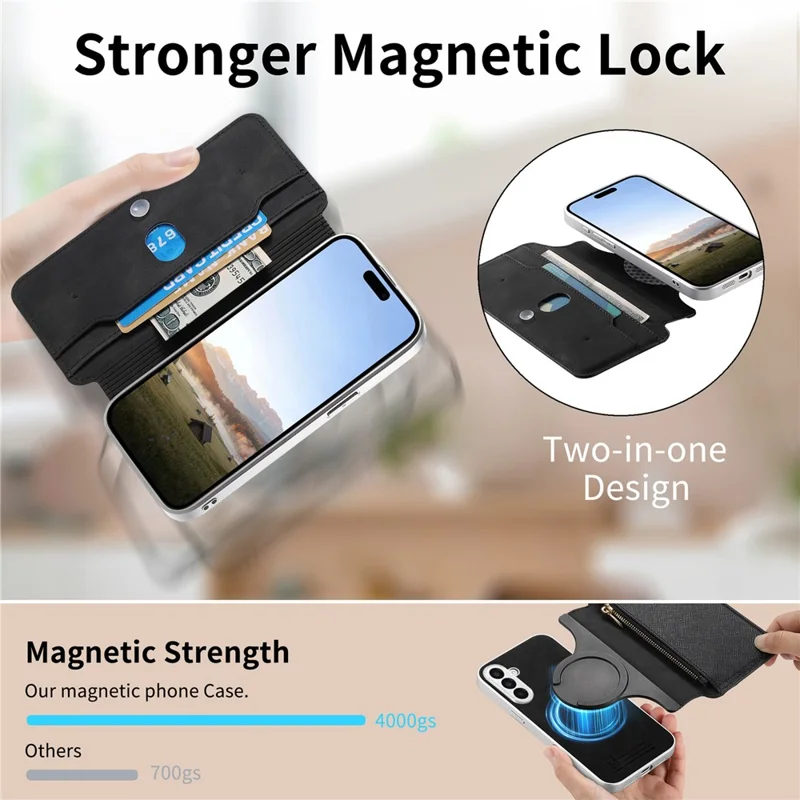 For Samsung Galaxy A27 Leather Case Cross Texture Detachable Magnetic Phone Cover Wallet Stand - Black