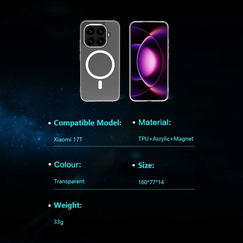LEREACH Serie TOC per Xiaomi 17T Custodia Magnetica TPU + Copertura in Acrilico per Telefono - Trasparente
