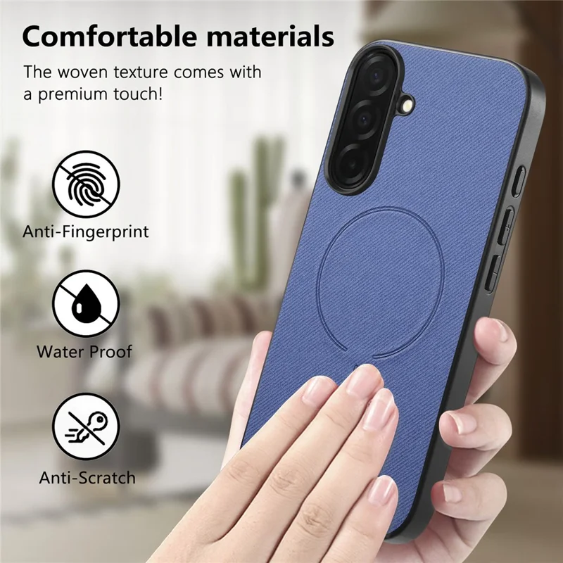 Cover magnetico per Samsung Galaxy A17 5G / A17 4G, texture in tessuto, PC + TPU + pelle PU, protezione antigraffio - Blu