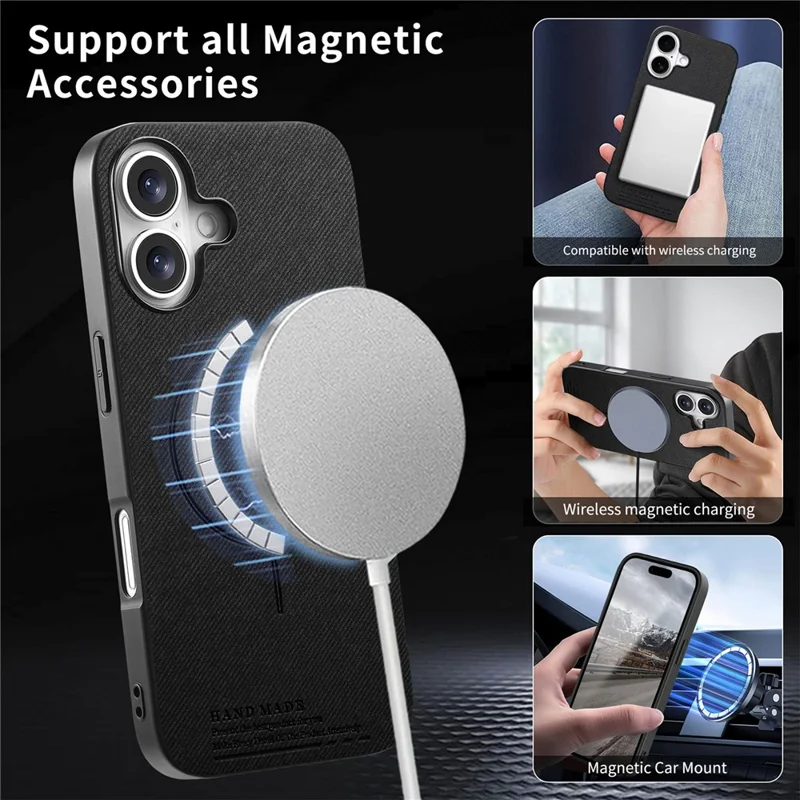 For iPhone 17 Magnetic Case Cloth Texture PC + TPU + PU Leather Anti-Scratch Phone Cover - Black