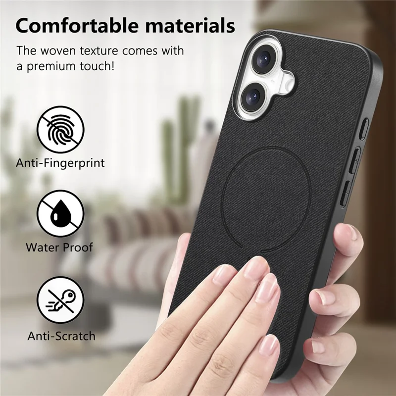 For iPhone 17 Magnetic Case Cloth Texture PC + TPU + PU Leather Anti-Scratch Phone Cover - Black