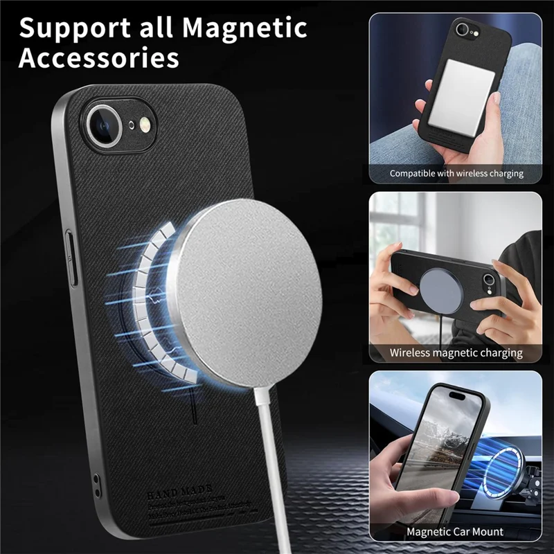 For iPhone 17e  /  16e Magnetic Case Cloth Texture PC + TPU + PU Leather Anti-Scratch Phone Cover - Black