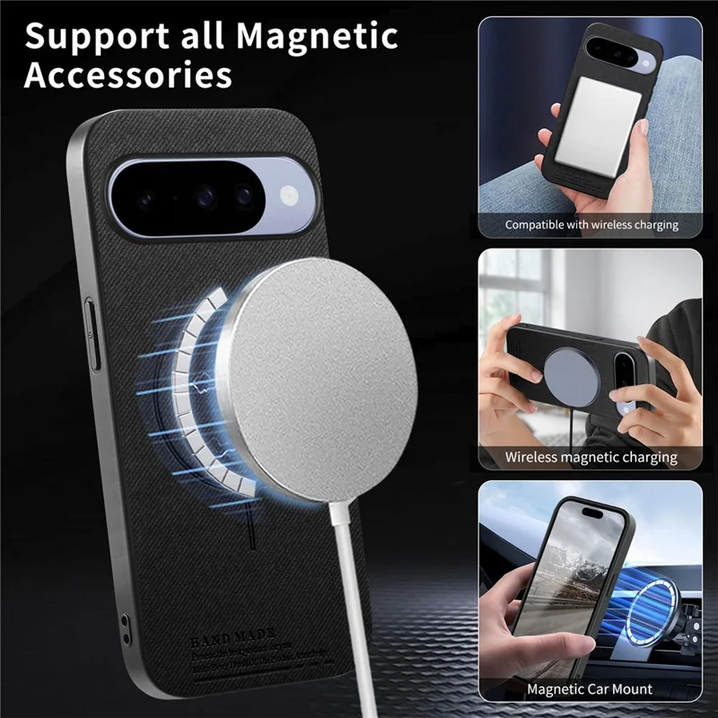 For Google Pixel 10 Pro  /  Pixel 10 Magnetic Case Cloth Texture PC + TPU + PU Leather Anti-Scratch Phone Cover - Black