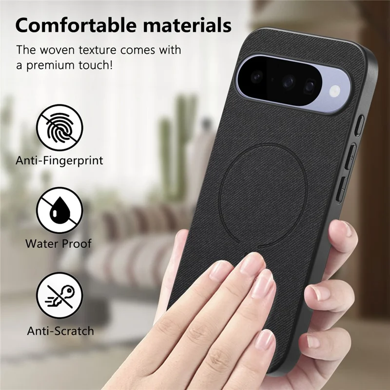 For Google Pixel 10 Pro  /  Pixel 10 Magnetic Case Cloth Texture PC + TPU + PU Leather Anti-Scratch Phone Cover - Black