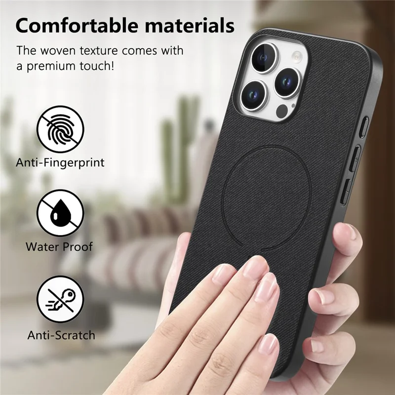 For iPhone 16 Pro Max Magnetic Case Cloth Texture PC + TPU + PU Leather Anti-Scratch Phone Cover - Black