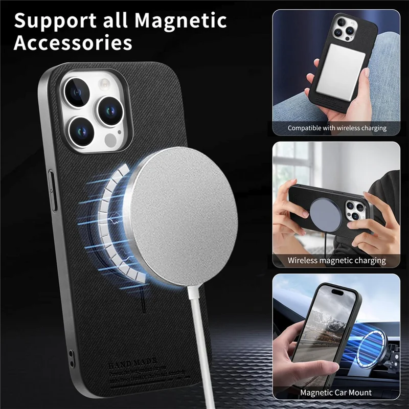 For iPhone 16 Pro Magnetic Case Cloth Texture PC + TPU + PU Leather Anti-Scratch Phone Cover - Black