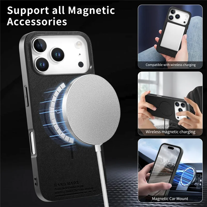 For iPhone 17 Pro Max Magnetic Case Cloth Texture PC + TPU + PU Leather Anti-Scratch Phone Cover - Black