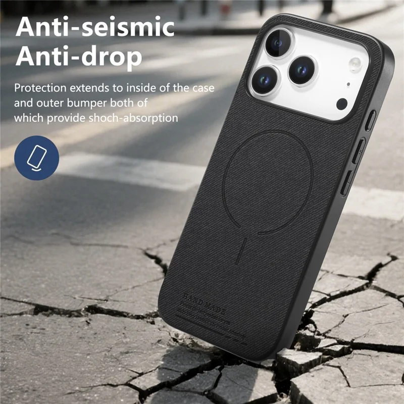 For iPhone 17 Pro Max Magnetic Case Cloth Texture PC + TPU + PU Leather Anti-Scratch Phone Cover - Black