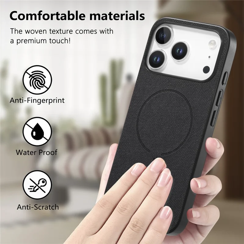 For iPhone 17 Pro Max Magnetic Case Cloth Texture PC + TPU + PU Leather Anti-Scratch Phone Cover - Black
