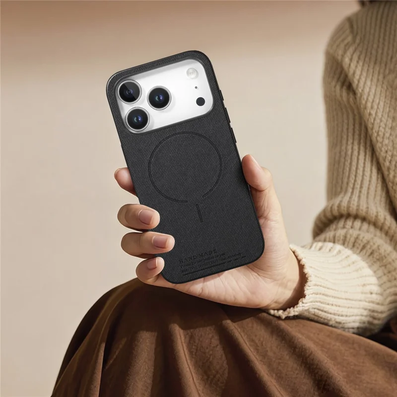 For iPhone 17 Pro Max Magnetic Case Cloth Texture PC + TPU + PU Leather Anti-Scratch Phone Cover - Black