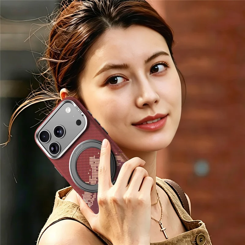 SULADA for iPhone 17 Pro Max Magnetic Case 360° Rotating Ring Kickstand Golden Mountain Pattern PC Slim Phone Cover - Orange