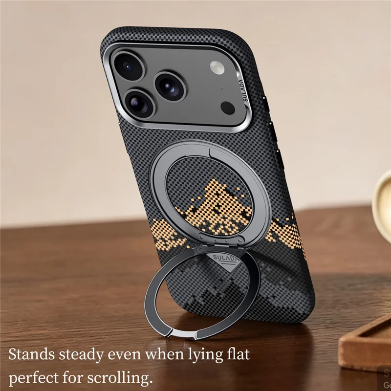SULADA for iPhone 17 Pro Max Magnetic Case 360° Rotating Ring Kickstand Golden Mountain Pattern PC Slim Phone Cover - Orange