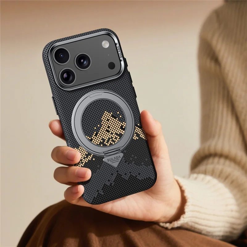 SULADA for iPhone 17 Pro Max Magnetic Case 360° Rotating Ring Kickstand Golden Mountain Pattern PC Slim Phone Cover - Orange