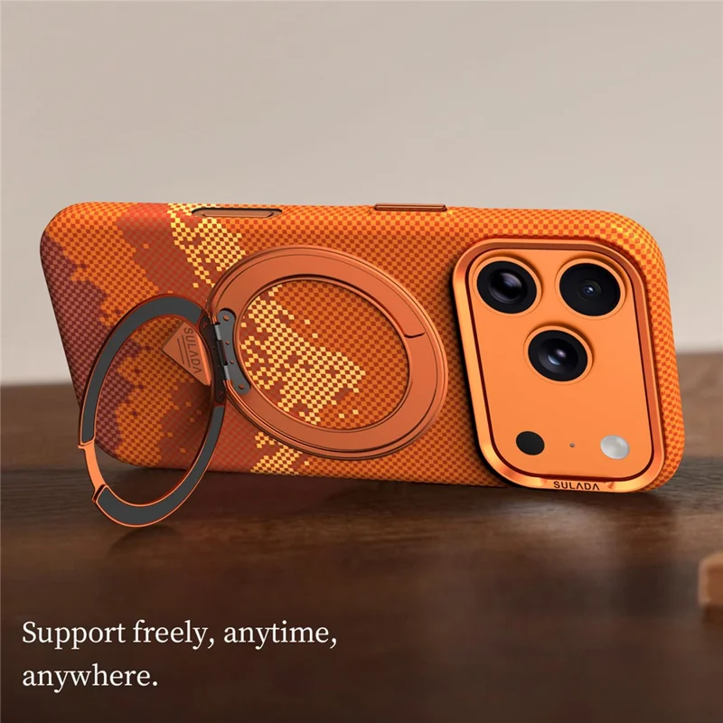 SULADA for iPhone 17 Pro Max Magnetic Case 360° Rotating Ring Kickstand Golden Mountain Pattern PC Slim Phone Cover - Orange