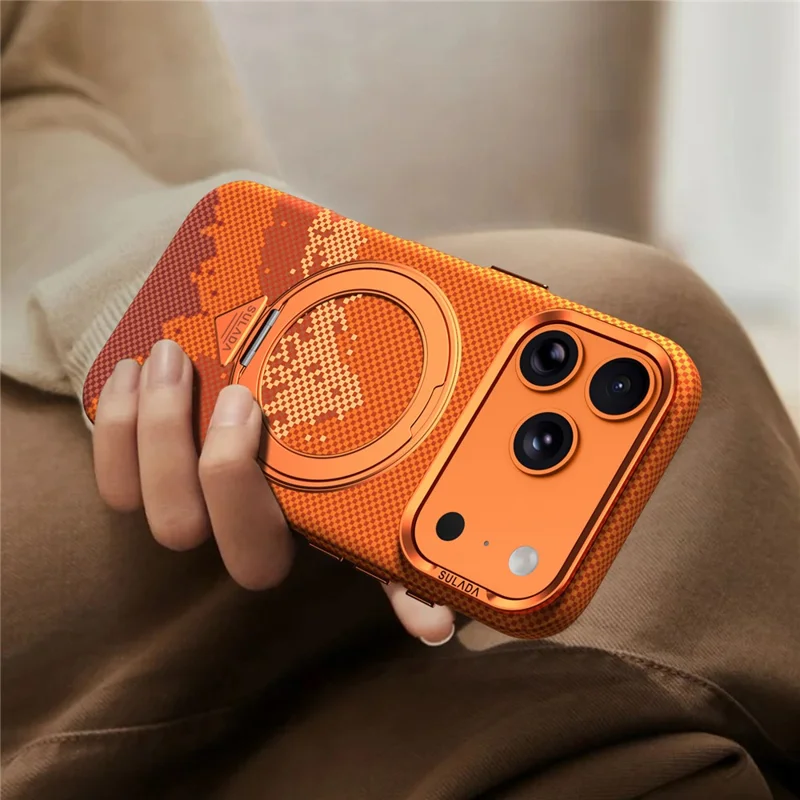 SULADA for iPhone 17 Pro Max Magnetic Case 360° Rotating Ring Kickstand Golden Mountain Pattern PC Slim Phone Cover - Orange