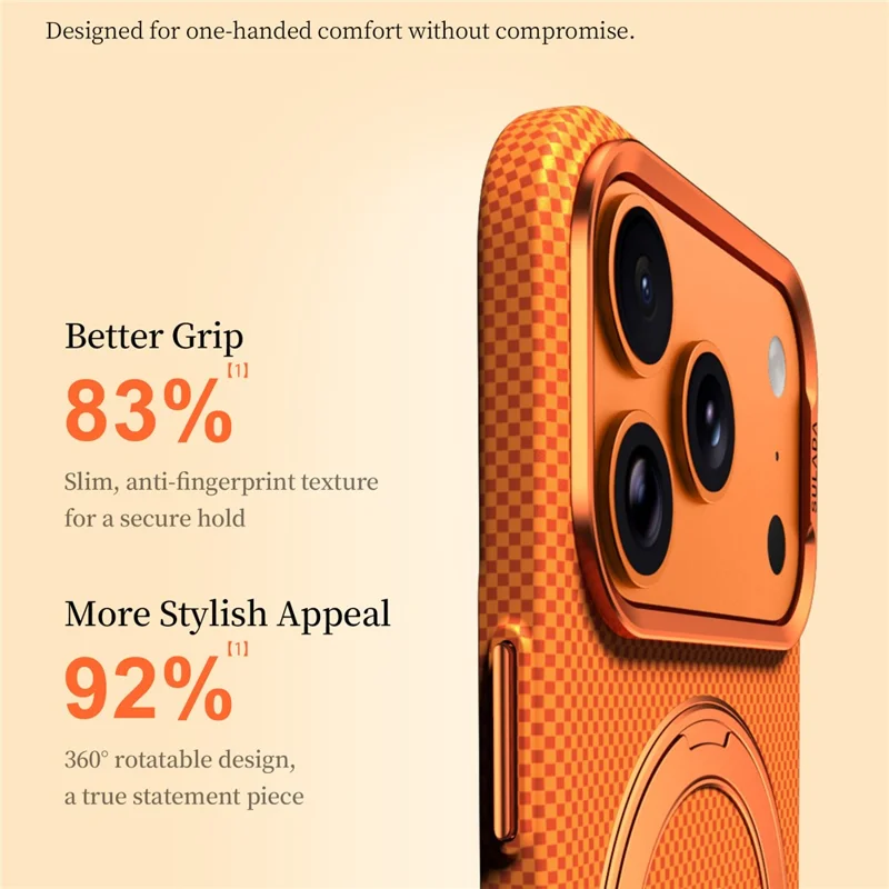 SULADA for iPhone 17 Pro Max Magnetic Case 360° Rotating Ring Kickstand Golden Mountain Pattern PC Slim Phone Cover - Orange
