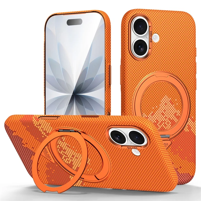 SULADA pour iPhone 17 Étui Magnétique avec Support Anneau Rotatif 360° Motif Montagne Dorée Coque Fine en PC - Orange