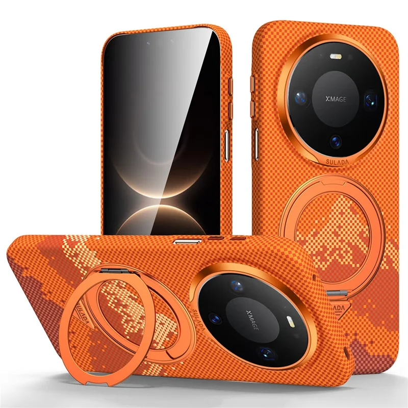 SULADA til Huawei Mate 80 / Mate 80 Pro Magnetisk Cover med 360° Roterende Ringstativ Guld-bjergmønster PC Tyndt Telefonhylster - Orange