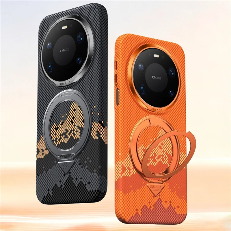 SULADA til Huawei Mate 80 / Mate 80 Pro Magnetisk Cover med 360° Roterende Ringstativ Guld-bjergmønster PC Tyndt Telefonhylster - Orange