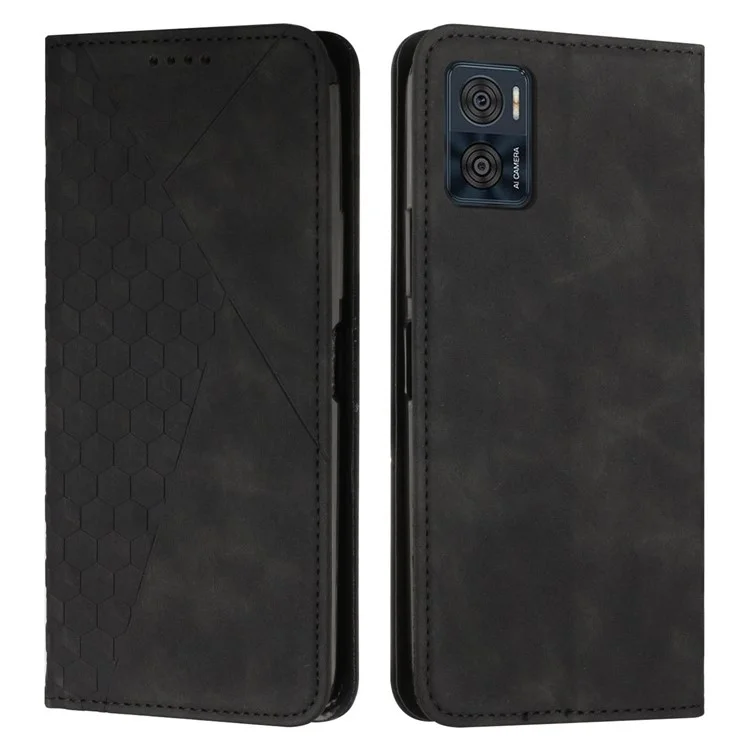 Custodia Per Telefono in Pelle Per la Pelle Per Motorola Moto E22i 4G / E22 4G, Pattern Rombo Impronta Magnetica Auto-assorbita Shock Cover Con Supporto Per il Portafoglio - Nero