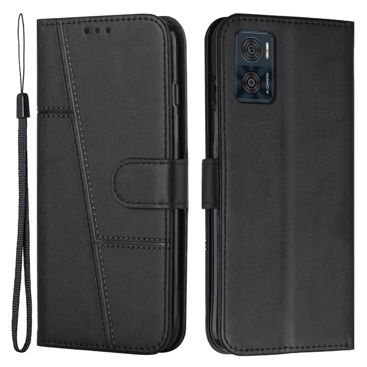 Für Motorola Moto E22 4G / E22i 4G stoßfeste Handyhülle Steppnähte PU-Leder + TPU-Ständer Geldbörsen-Cover mit Riemen - Schwarz