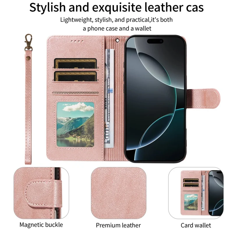 Til iPhone 16 Pro-task med håndbånd RFID-blokerende wallet Kviksølvstruktur af kuhskind - Rosenød