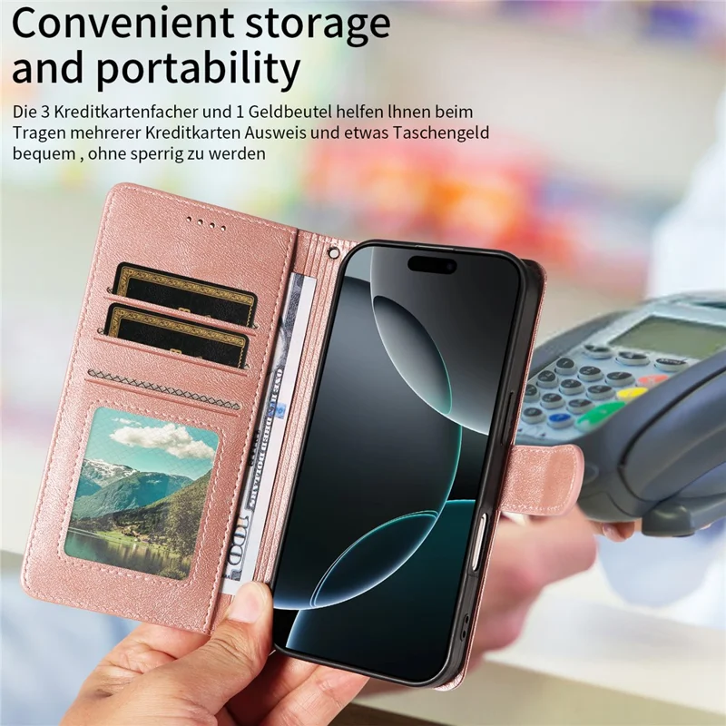Til iPhone 16 Pro-task med håndbånd RFID-blokerende wallet Kviksølvstruktur af kuhskind - Rosenød