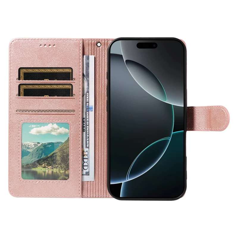 Til iPhone 16 Pro-task med håndbånd RFID-blokerende wallet Kviksølvstruktur af kuhskind - Rosenød