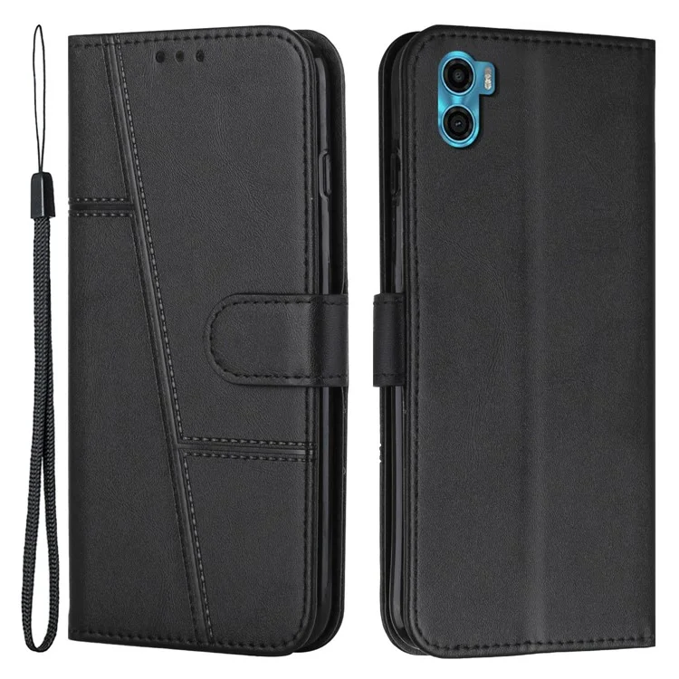 Pour Motorola Moto E22s 4G / E32 (inde) 4G Lignes de Couture Case de Téléphone pu le Cuir Puplot Protefe Pepelle Folio Flip Couverce Avec Strap - le Noir