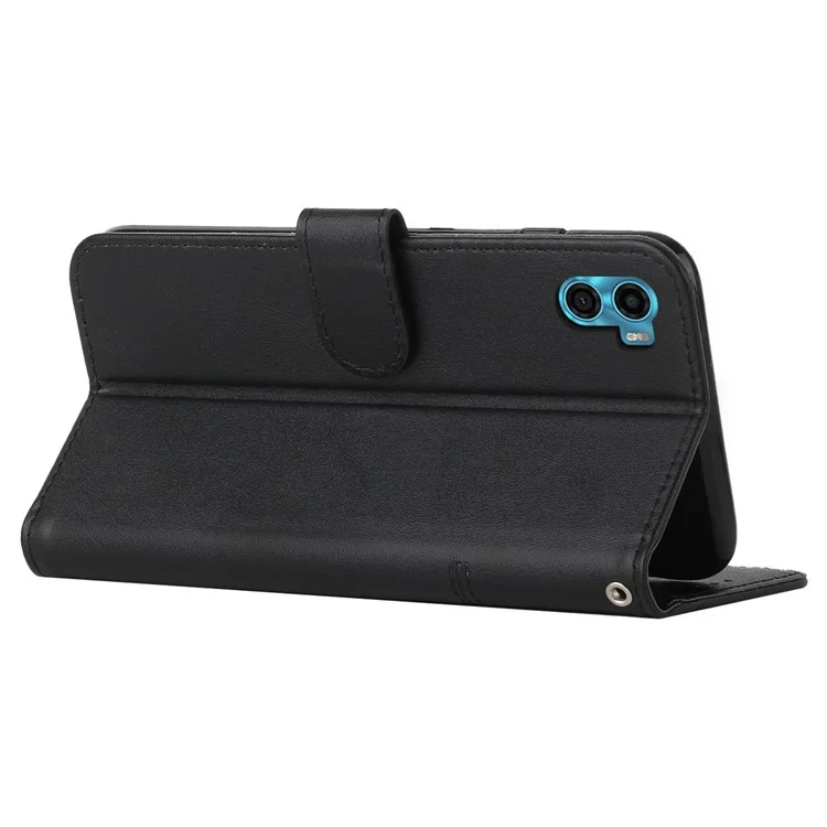 Pour Motorola Moto E22s 4G / E32 (inde) 4G Lignes de Couture Case de Téléphone pu le Cuir Puplot Protefe Pepelle Folio Flip Couverce Avec Strap - le Noir