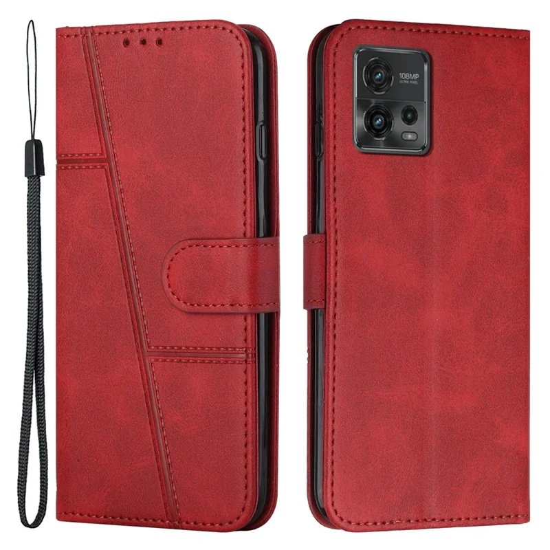 For Motorola Moto G72 4G Anti-scratch PU Leather Case Stitching Lines Foldable Stand Wallet Cell Phone Cover with Strap - Red