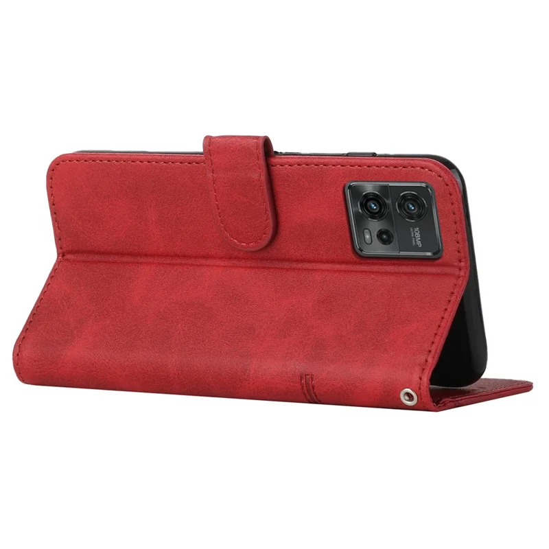 For Motorola Moto G72 4G Anti-scratch PU Leather Case Stitching Lines Foldable Stand Wallet Cell Phone Cover with Strap - Red