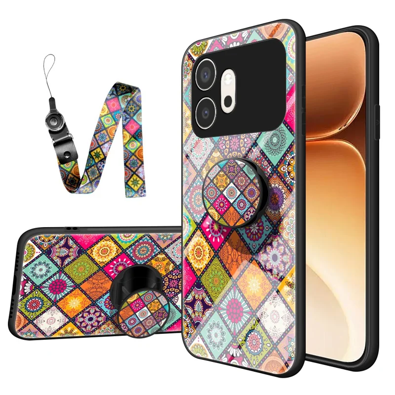 For Honor 600 5G Phone Case Kickstand Ethnic Pattern Tempered Glass Phone Cover with Strap - Color Pattern