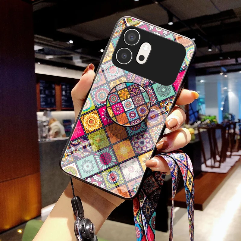 For Honor 600 5G Phone Case Kickstand Ethnic Pattern Tempered Glass Phone Cover with Strap - Color Pattern