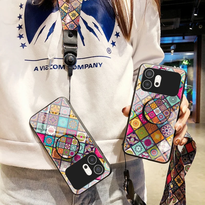 For Honor 600 5G Phone Case Kickstand Ethnic Pattern Tempered Glass Phone Cover with Strap - Color Pattern