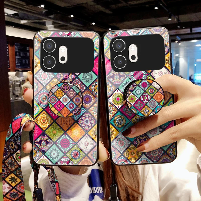 For Honor 600 5G Phone Case Kickstand Ethnic Pattern Tempered Glass Phone Cover with Strap - Color Pattern