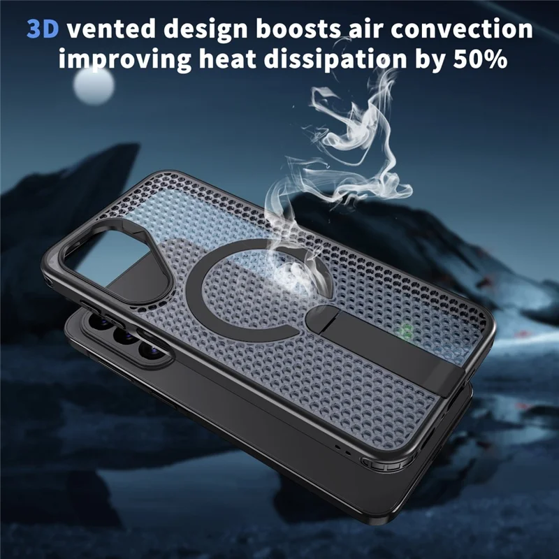 For Samsung Galaxy A27 Magnetic Case Kickstand Grid Texture TPU PC Phone Back Cover - Black