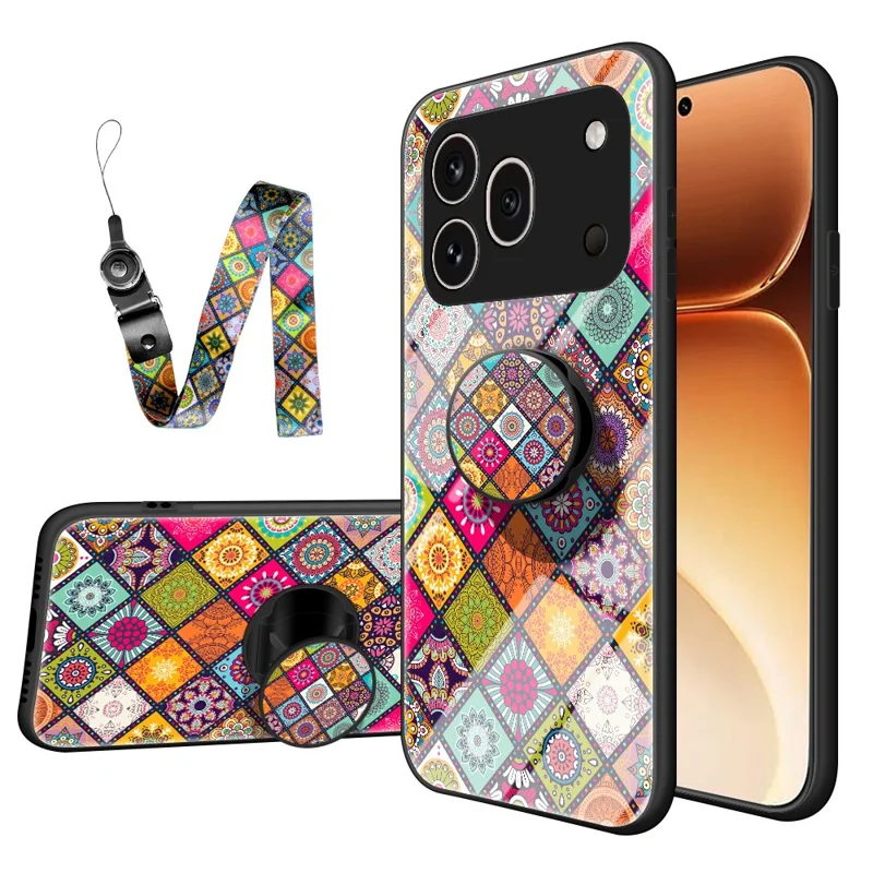 For Honor 600 Pro 5G Phone Case Kickstand Ethnic Pattern Tempered Glass Phone Cover with Strap - Color Pattern