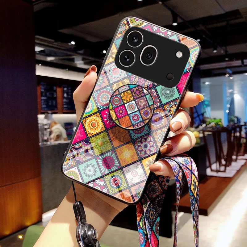For Honor 600 Pro 5G Phone Case Kickstand Ethnic Pattern Tempered Glass Phone Cover with Strap - Color Pattern