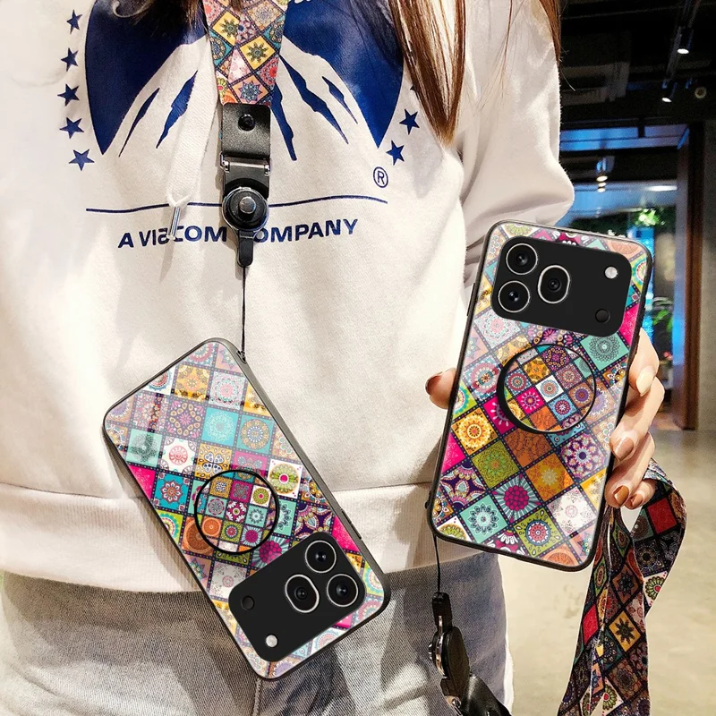 For Honor 600 Pro 5G Phone Case Kickstand Ethnic Pattern Tempered Glass Phone Cover with Strap - Color Pattern