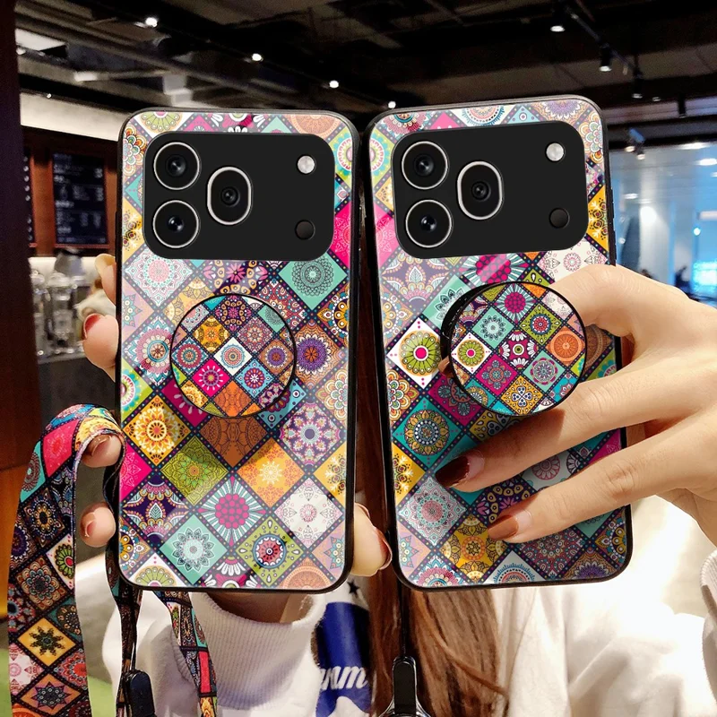 For Honor 600 Pro 5G Phone Case Kickstand Ethnic Pattern Tempered Glass Phone Cover with Strap - Color Pattern