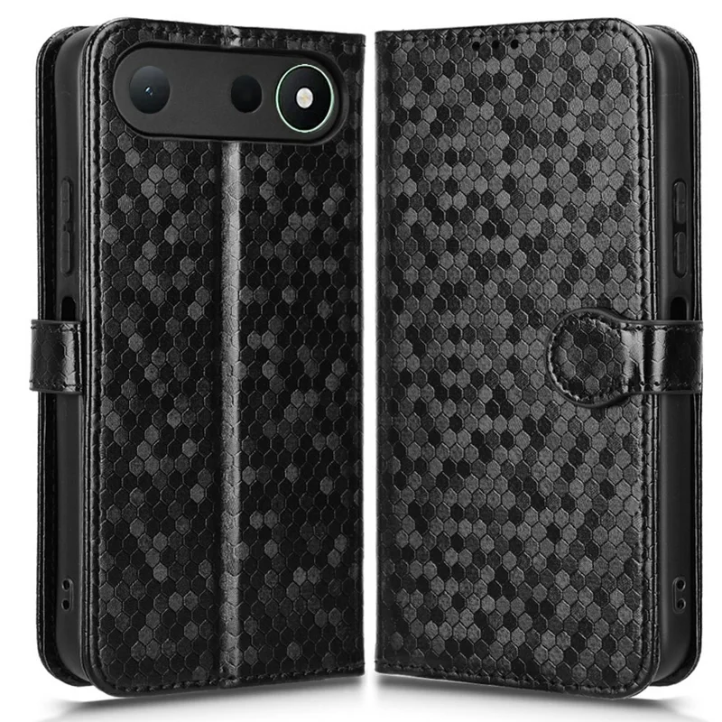 For TECNO Spark 50 5G Wallet Case Dot Pattern Imprint PU Leather Phone Cover with Wrist Strap - Black